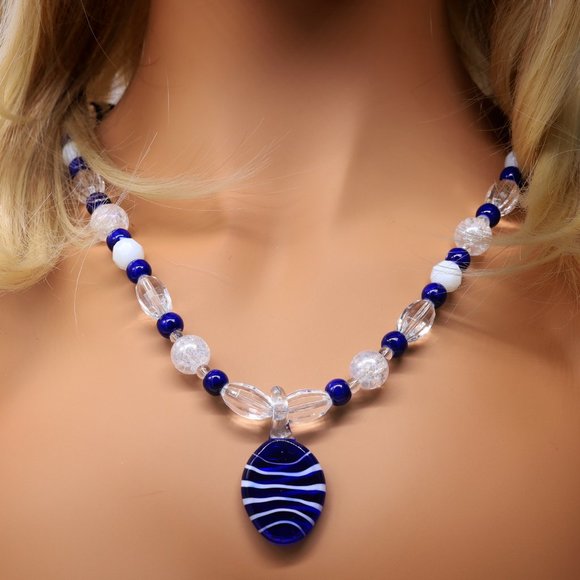 Necklace Crystal Milk Glass Pendent White Blue - Picture 1 of 3